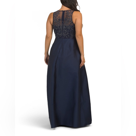 ADRIANNA PAPELL NAVY TAFFETA SKIRT GOWN ILLUSION BEAD TOP EMBROIDERED SEQUINED - Picture 2 of 4